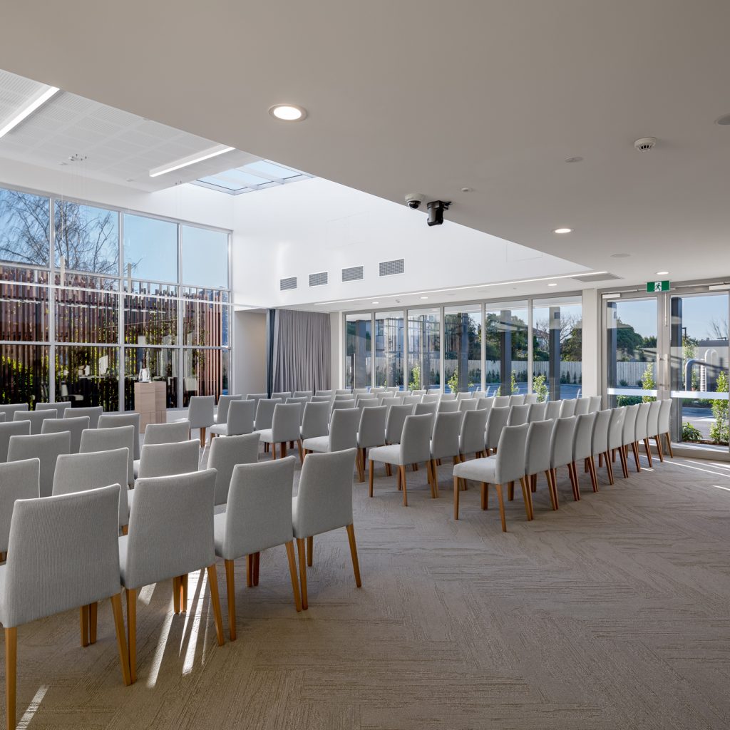 Le Pine and white lady funeral home chapel area internal photo by Roger Thompson Photography Melbourne