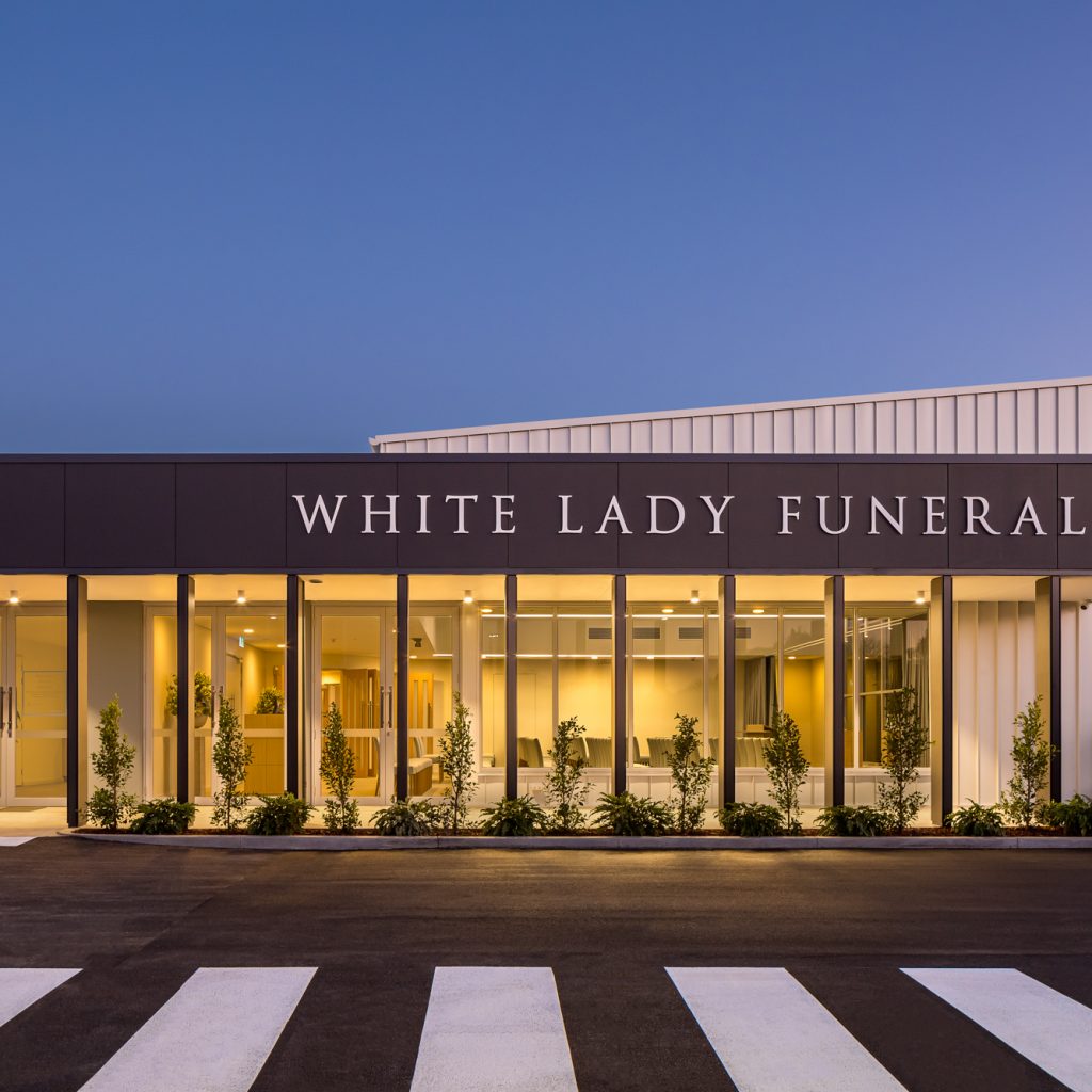 Le Pine and white lady funeral home  rear view dusk exterior photo by Roger Thompson Photography Melbourne