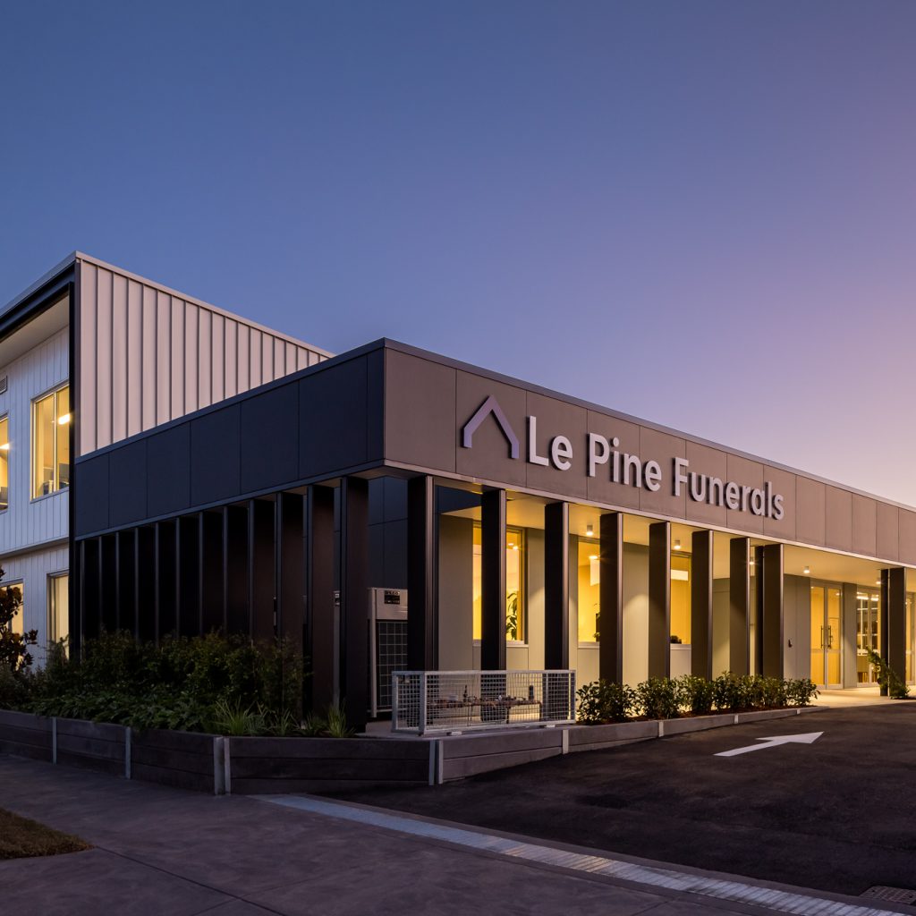 Le Pine and white lady funeral home  rear side view dusk exterior photo by Roger Thompson Photography Melbourne